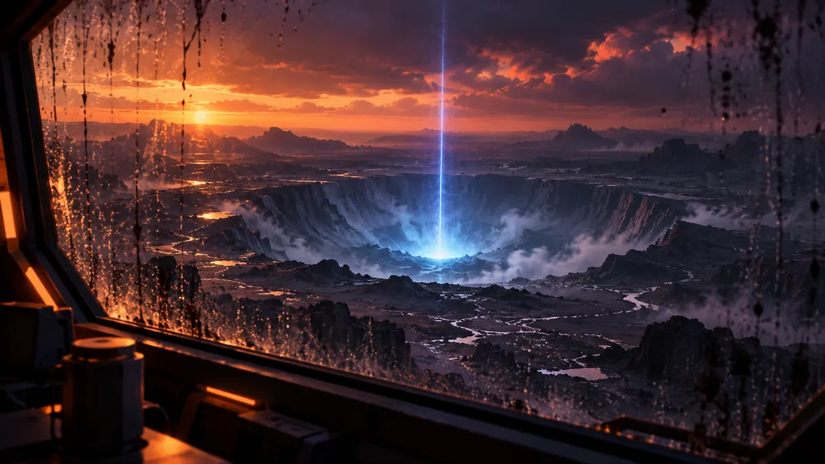 Illustration of a huge crater with a glowing blue column of light, seen through a rain-streaked window