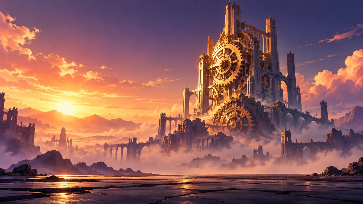 Illustration of a giant brass clockwork tower over a hazy wasteland, sharpening into crisp detail