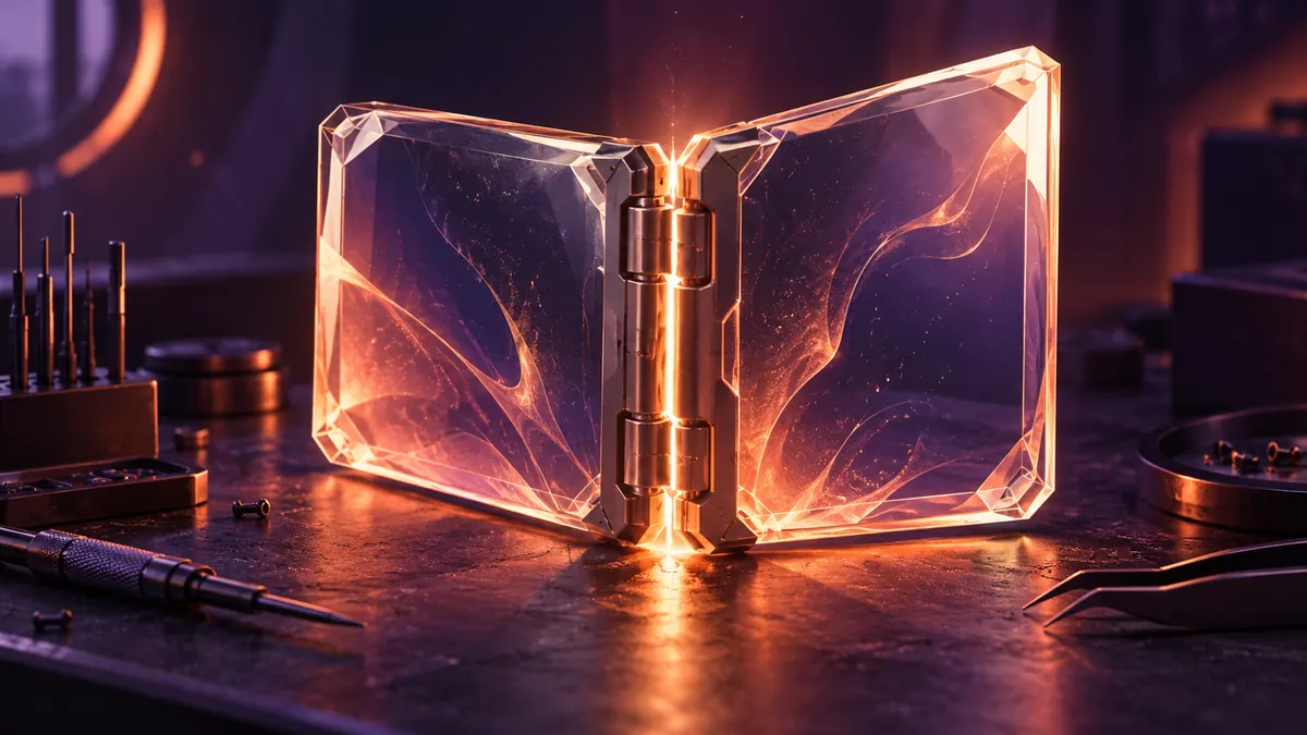 Abstract illustration of two joined glowing glass panels with a thin crack of light along the hinge, beside small tools