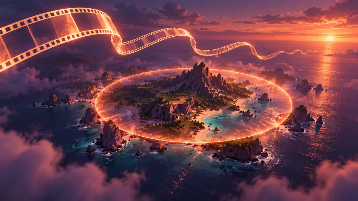 Illustration of an island at dusk with a glowing shrinking circle and a ribbon of film-like light in the sky