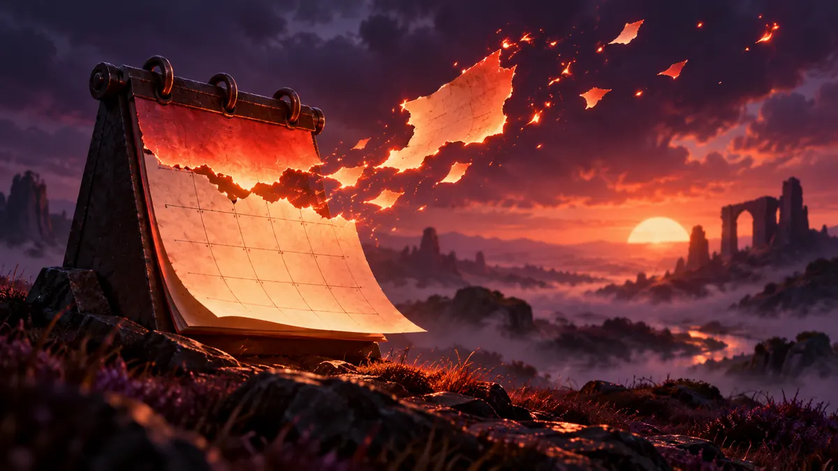 A glowing crimson calendar page dissolving into embers above a dark, misty moor.