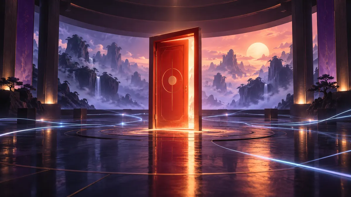 Illustration of a lone glowing red door in a dim gallery, with light strands across the floor and a curved landscape screen behind