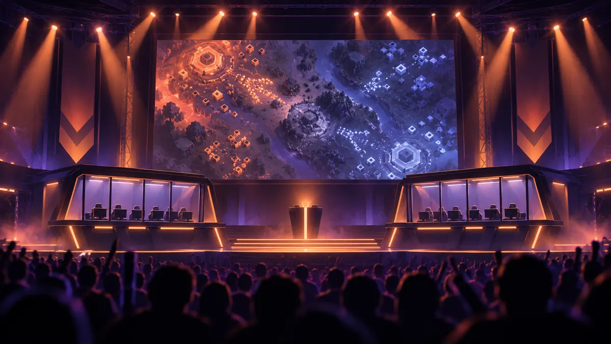 An empty retro esports stage with two glass booths and a big screen showing an abstract strategy battlefield