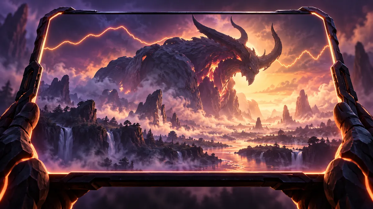 A huge horned beast looms over a misty valley, shown on a glowing slab-shaped screen with a faint graph line across the sky