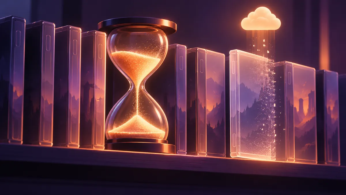 An hourglass on a shelf of translucent game cases, one fading away under a small glowing cloud