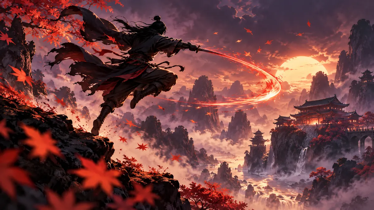 A lone swordsman in flowing robes leaps above misty mountains, a crimson blade arc slicing through falling leaves