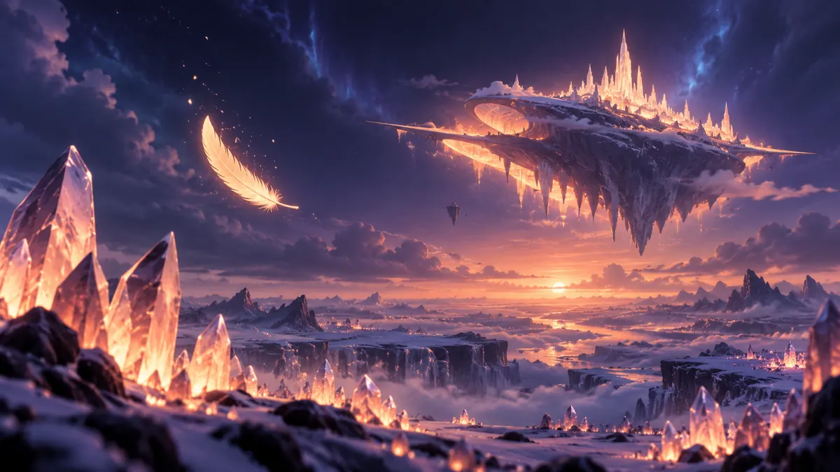 Illustration: glowing ice crystals beneath a cold sky with a drifting floating island of light
