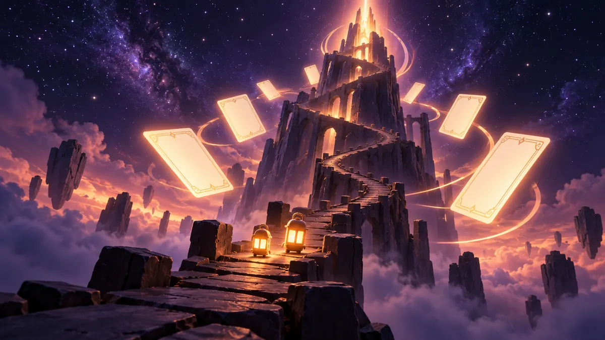 A winding stone spire under a starry sky, ringed by floating glowing cards, with two small lights climbing it together