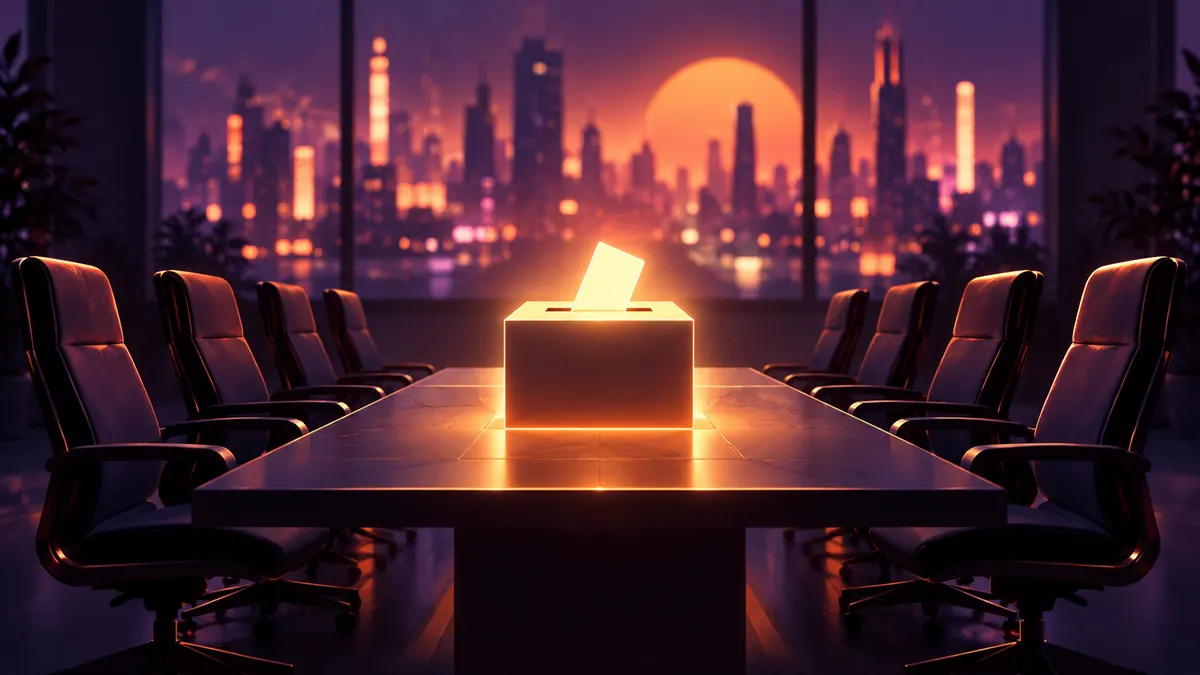 Empty office chairs facing a glowing ballot box on a table in a dark studio