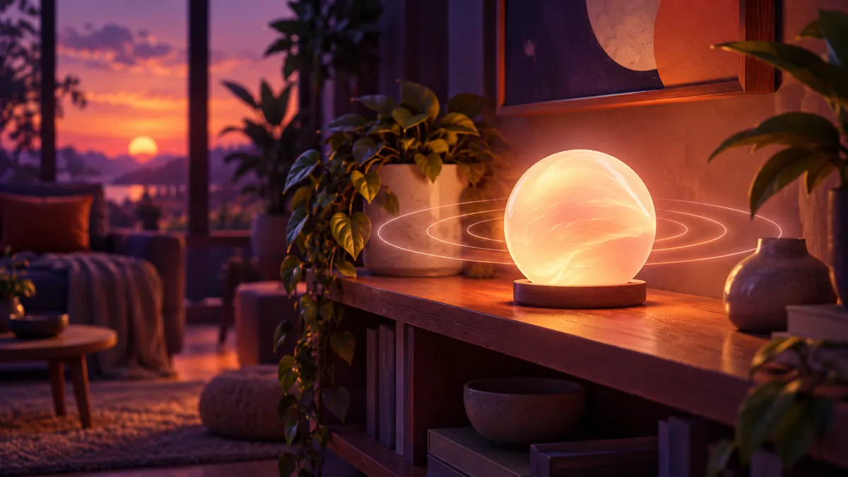 Illustration of a small glowing orb sending soft rings of light across a calm room at dusk