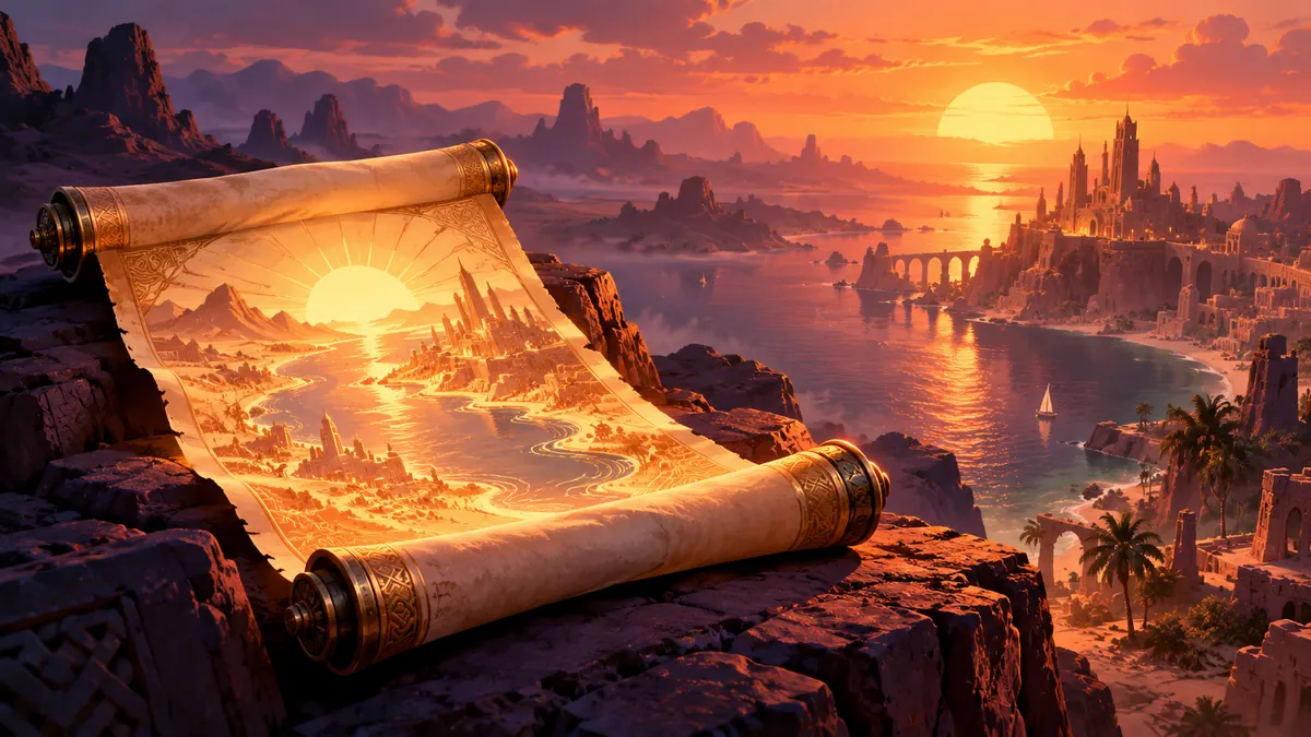 Illustration of a glowing scroll above a desert coastline and bay at sunset