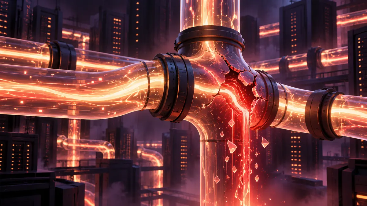Abstract illustration of glowing data pipelines with one cracked, red-lit junction