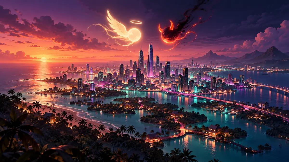 Illustration of a sprawling neon coastal city at dusk with an angel light and a devil light above it