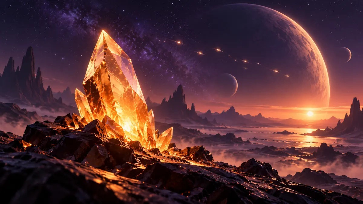 A glowing crystal shard on a dark alien plain under a sky of drifting lights