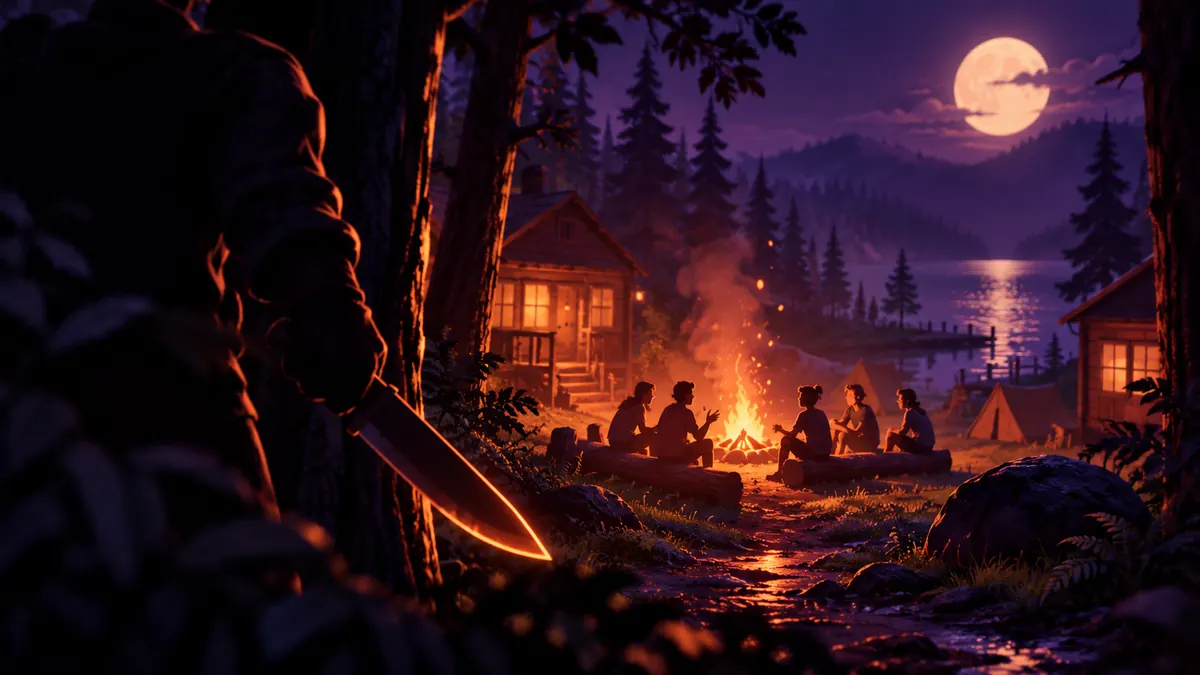 A shadowy figure lurks near a campfire at a summer camp