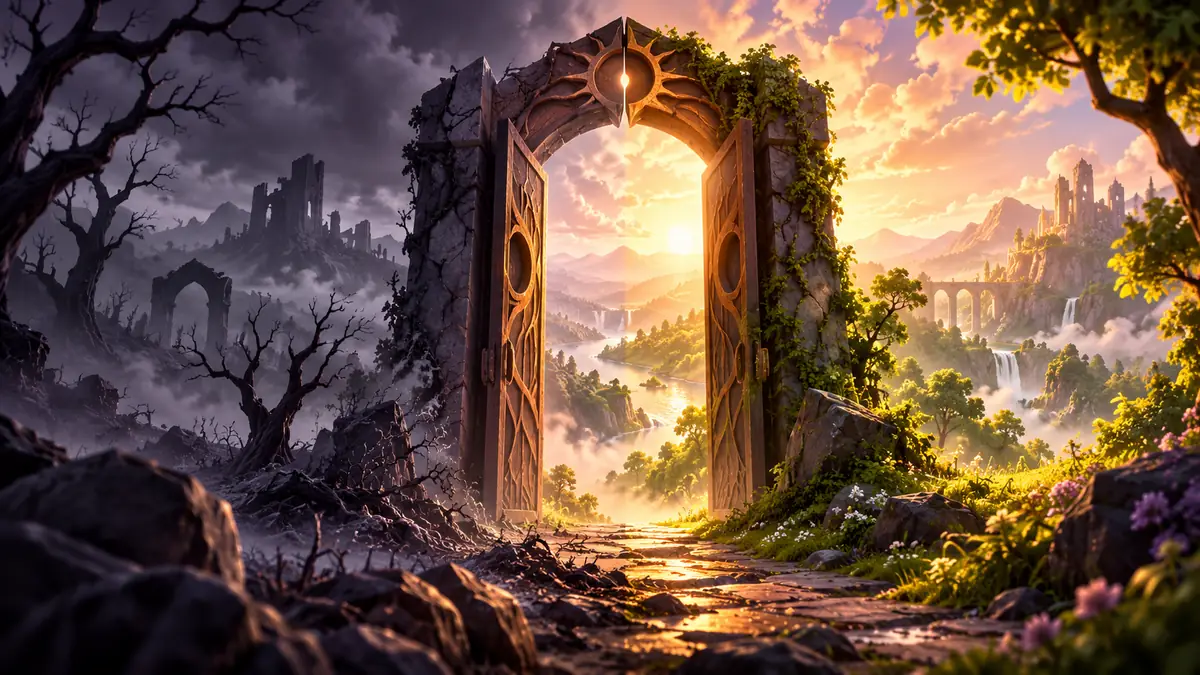 Illustration of an open stone gate in a forest, half withered and half restored to green life
