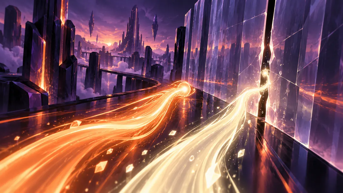Abstract illustration of two light streams racing through a crystal lattice, one slipping through a crack in a glowing shield wall