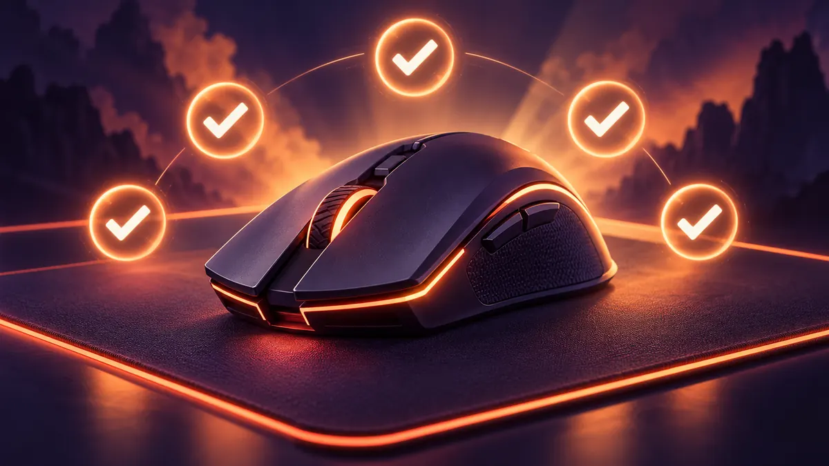 An invented gaming mouse surrounded by five glowing checkmarks