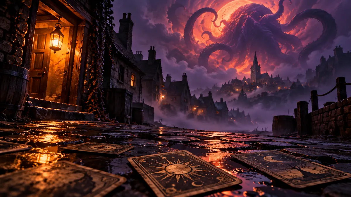 A foggy 1920s village street at night under a tentacled shape in the clouds, tarot cards on wet cobblestones
