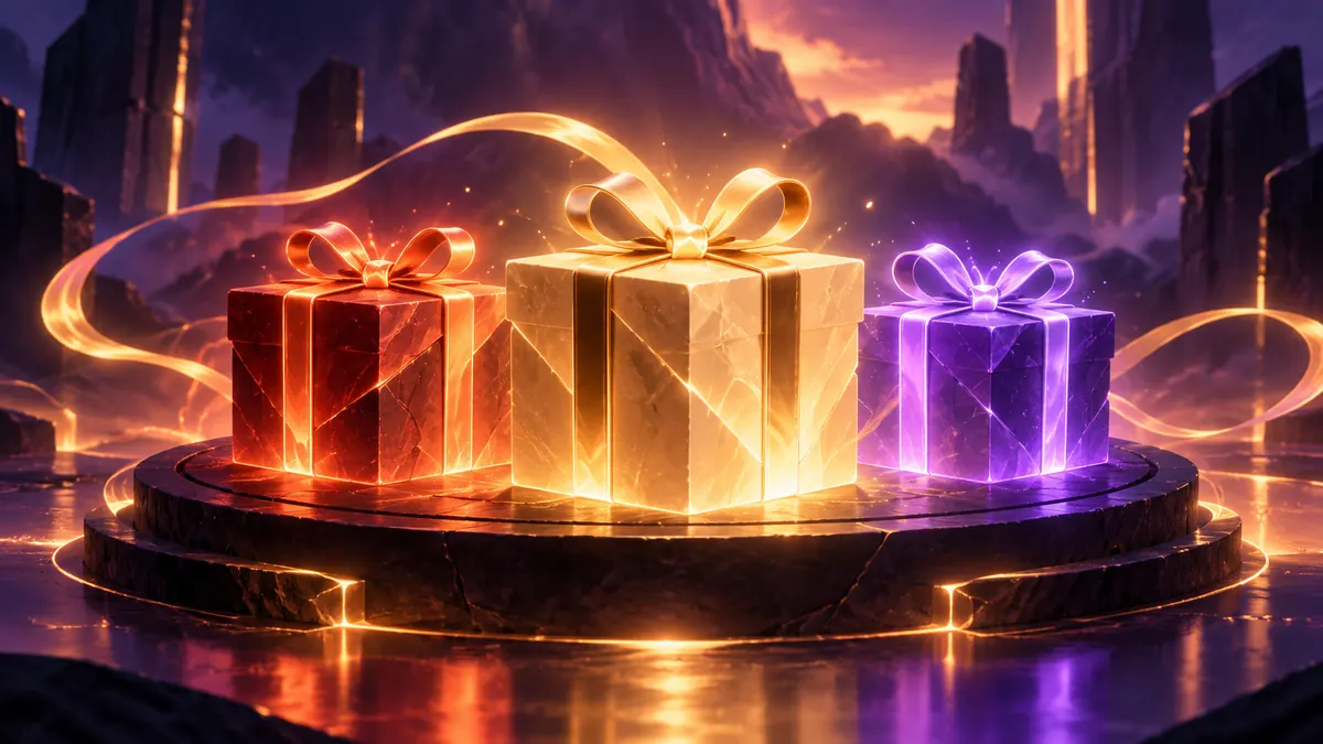 Abstract illustration of three glowing boxes in red, gold and violet on a dark pedestal.