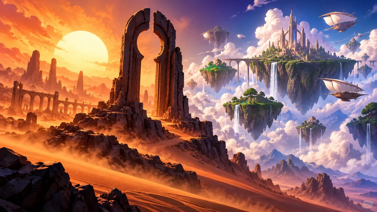 A sun-baked desert of stone ruins blending into floating green islands and cloud ships