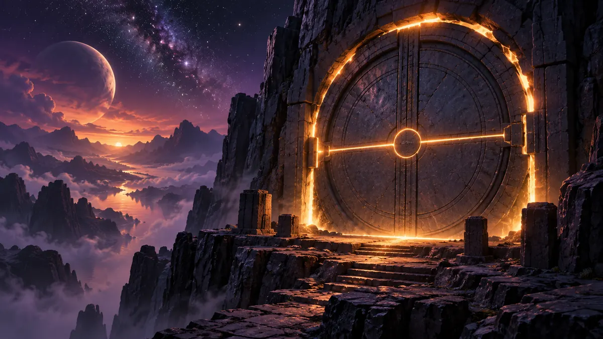 Illustration of a sealed vault door in a cliff with golden light leaking from its seams