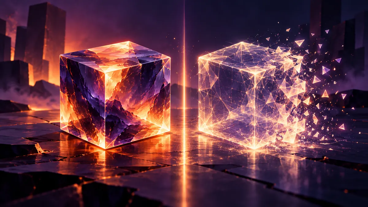 Abstract illustration of a glowing crystal cube beside a fading wireframe copy, divided by a line of light