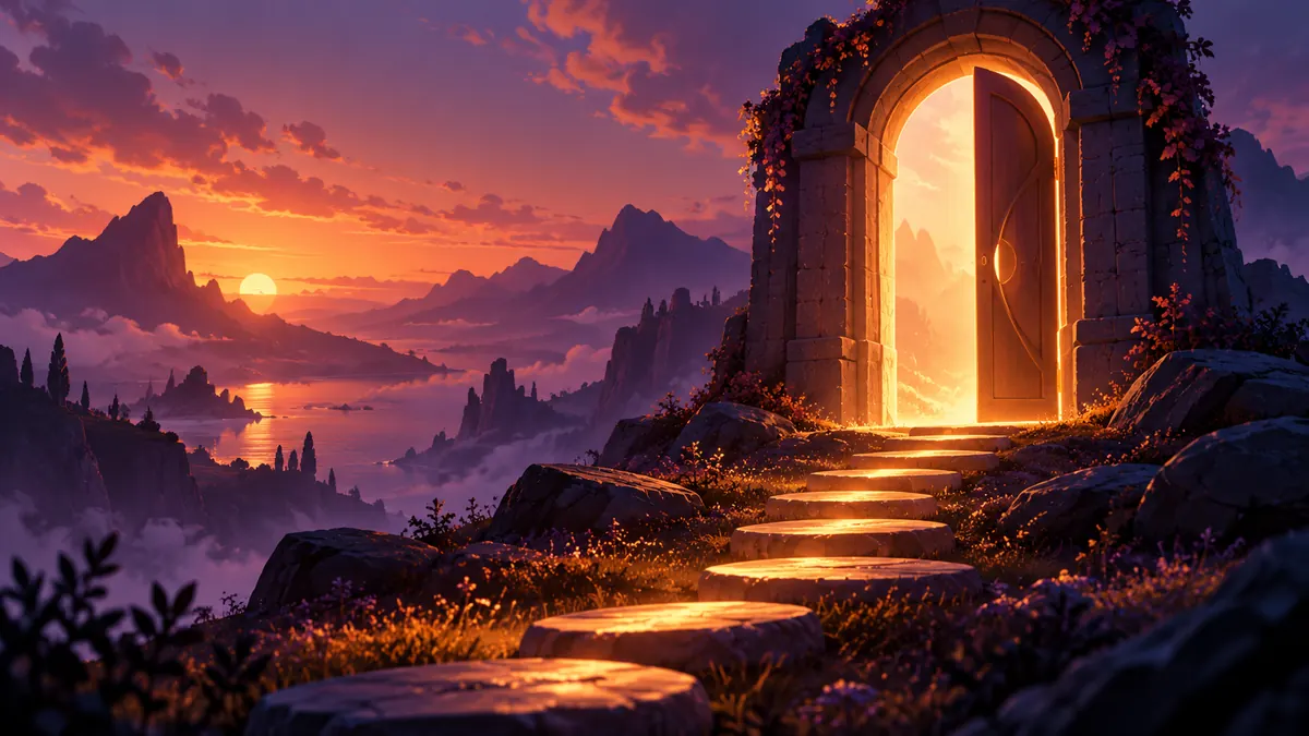 Illustration of a stone archway with a door left ajar and warm light spilling out at dusk