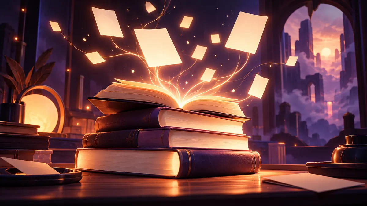 Glowing blank books with threads of light rising into floating study cards
