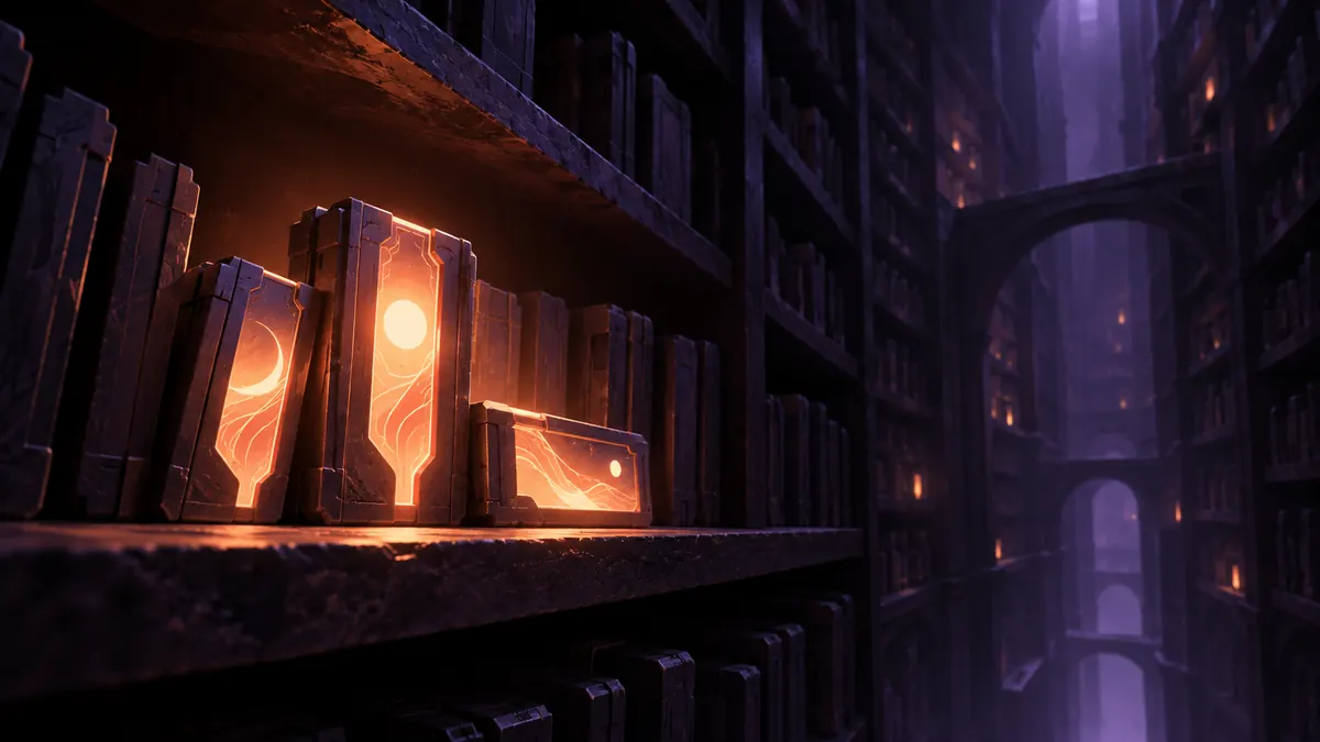 Abstract illustration of dark archive shelves where only a few blocks still glow.