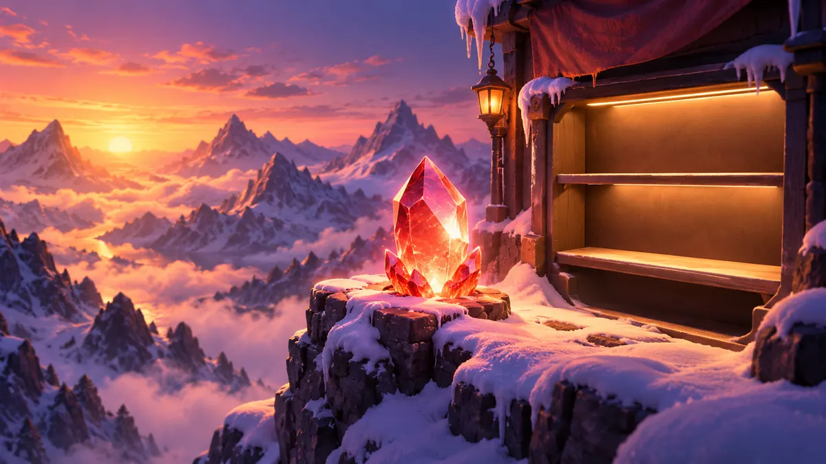 Illustration of a glowing red crystal on a snowy mountain ledge next to an empty lit shelf