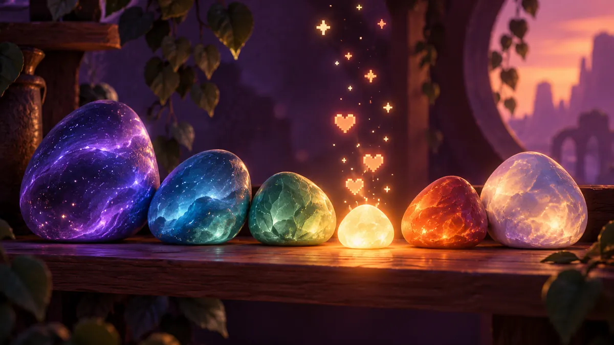 A row of small glowing pebble-shaped stones on a shelf, the smallest brightest, with pixel-art stars drifting up