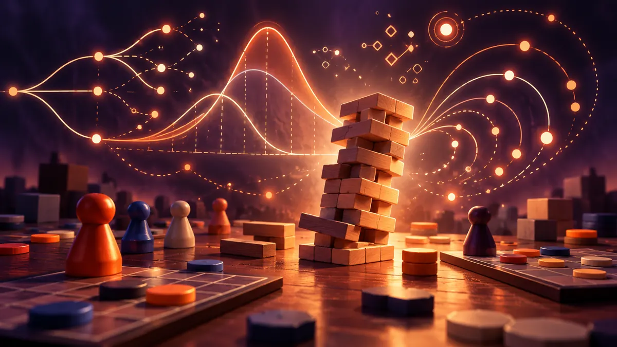 Classic board game pieces and a wooden block tower on a table, with glowing probability arcs floating above