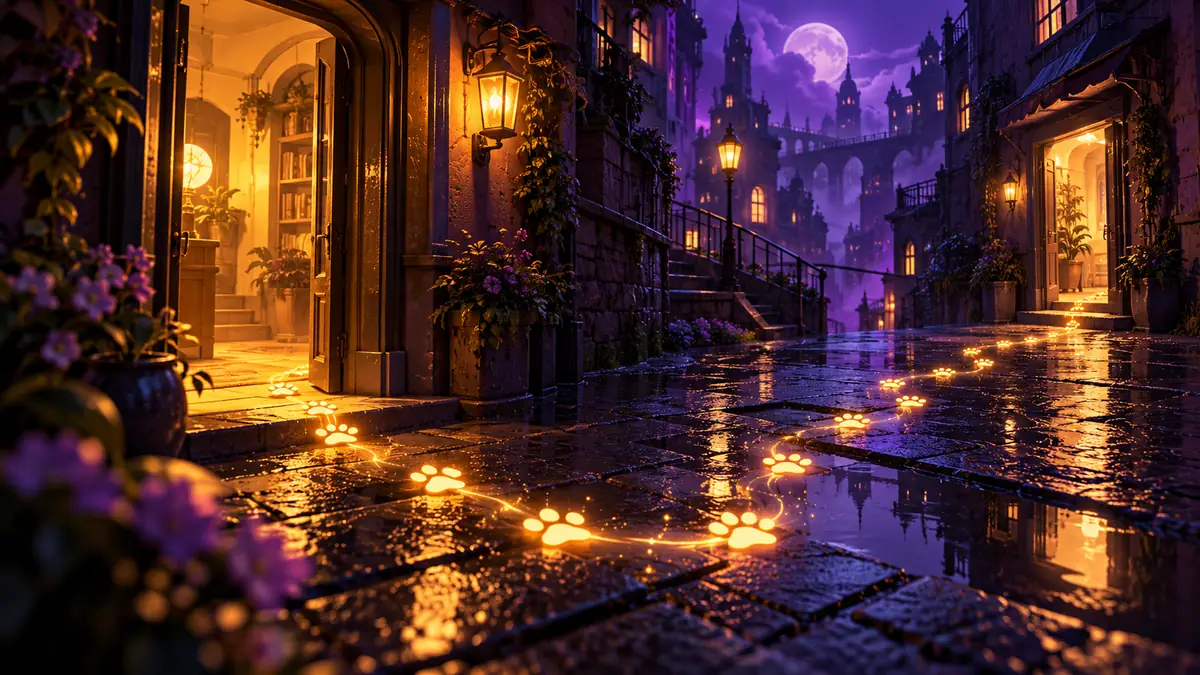 Illustration of a neon-lit night street with a glowing trail of pawprints linking two doorways