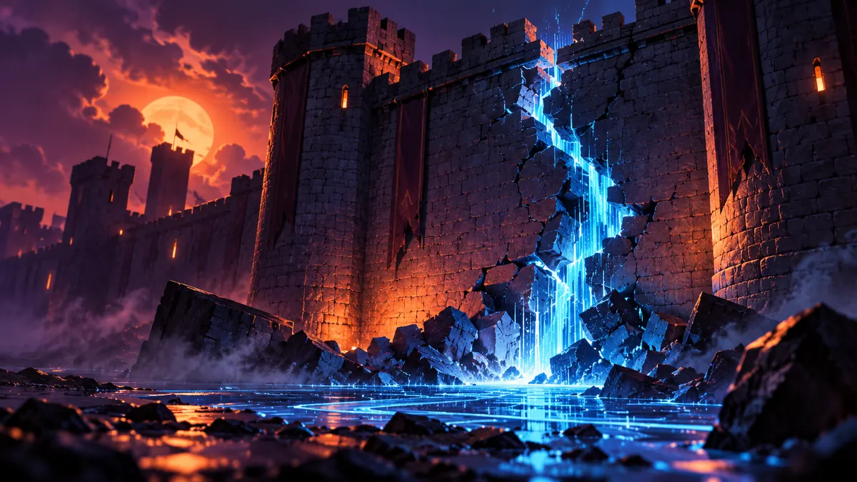 A cracked medieval fortress wall at night with blue digital light leaking from the crack