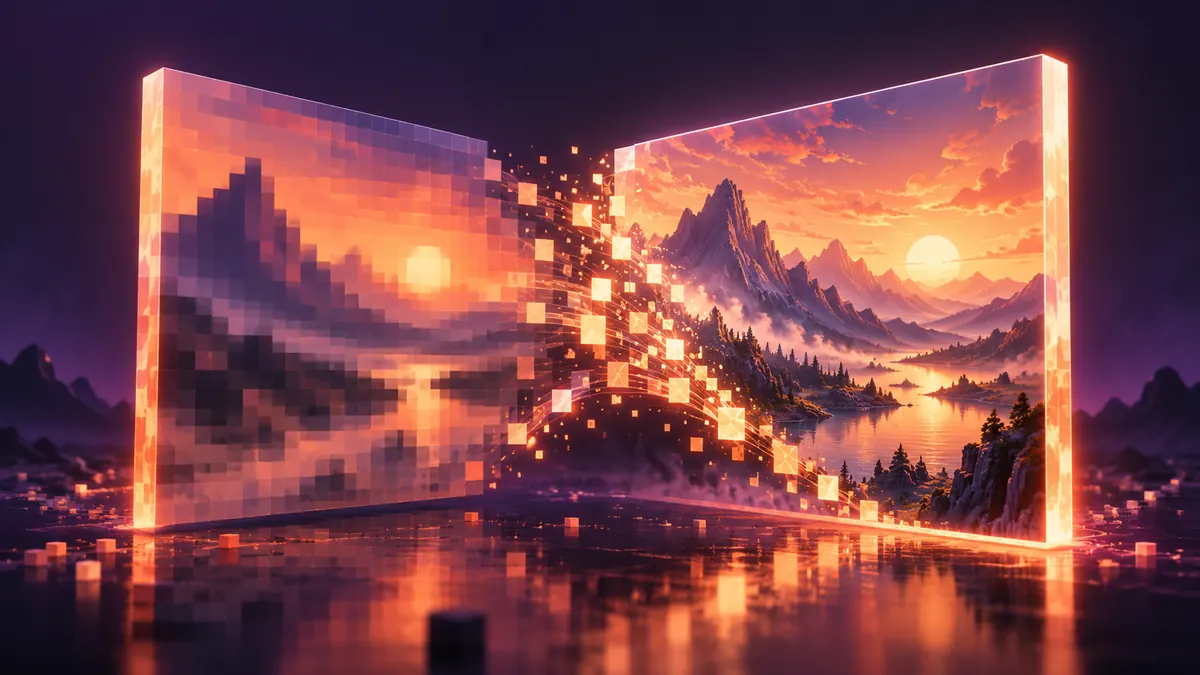 A glowing slab split between a blurry and a razor-sharp landscape, with streams of light pixels flowing between them