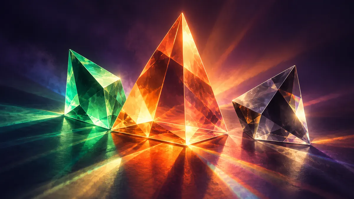 Abstract illustration of orange, green and grey translucent prisms refracting light.