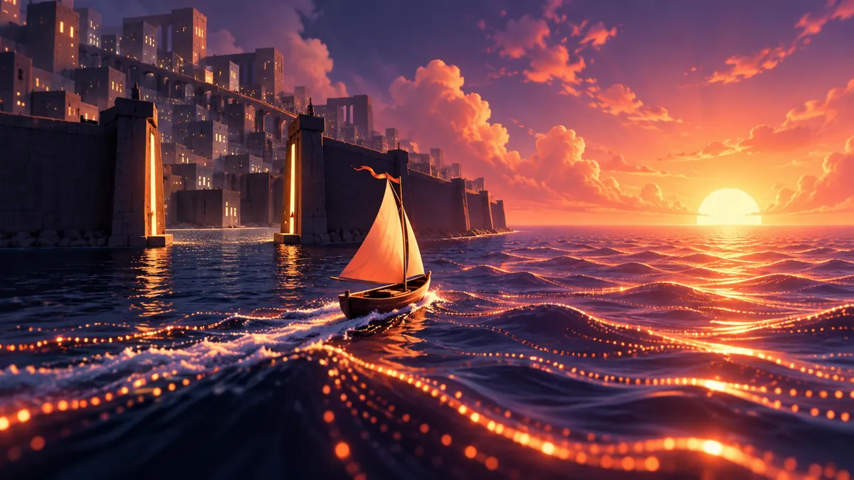 A small sailboat leaves a walled harbour of grey square windows for an open sea of glowing ripples at sunrise
