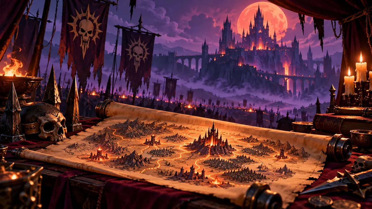 A campaign map unrolled in a war tent with undead banners outside