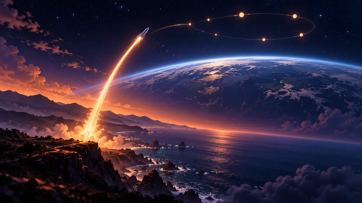 Illustration of a rocket's light trail rising towards a ring of glowing points above the Earth