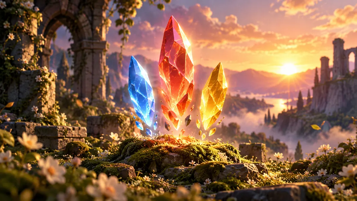 Three glowing coloured crystal shards rising from mossy ground in a garden at dawn