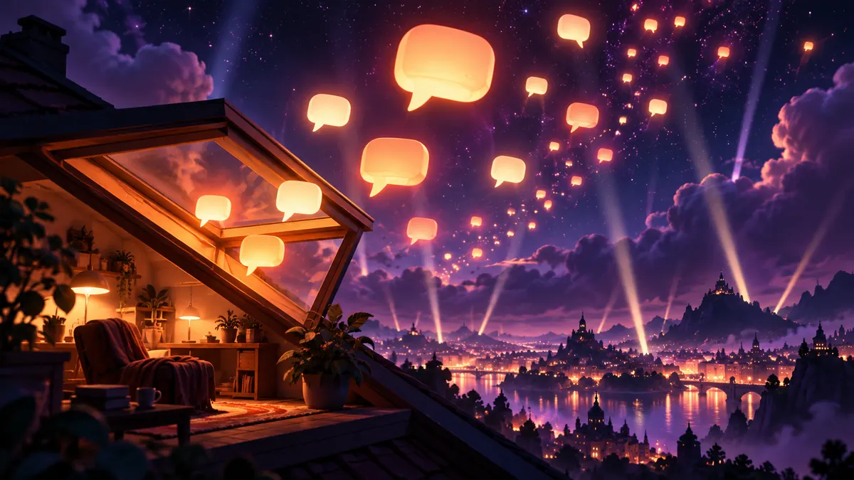 Glowing speech bubbles drifting out of a lit room into a night sky crossed by searchlights