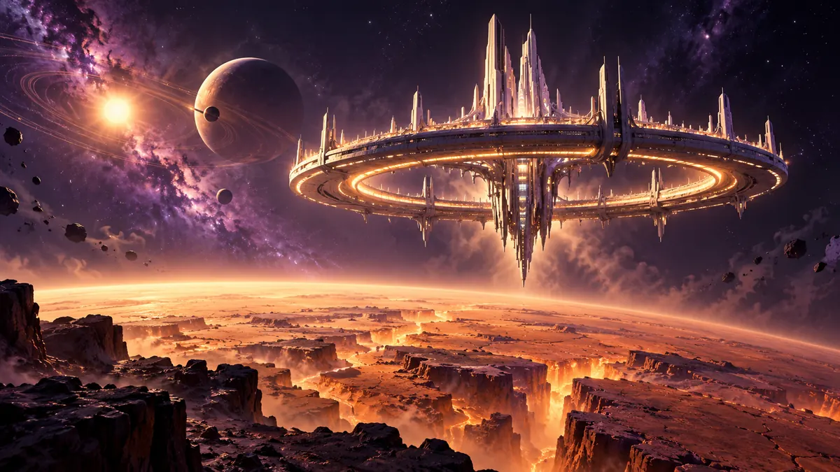 Illustration of a glowing ring city above a desert moon, with a new star system in the distance