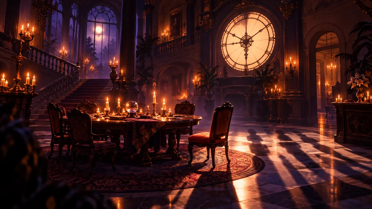 A candlelit Victorian hotel lobby with a glowing wall clock, long shadows and an empty chair at a séance table
