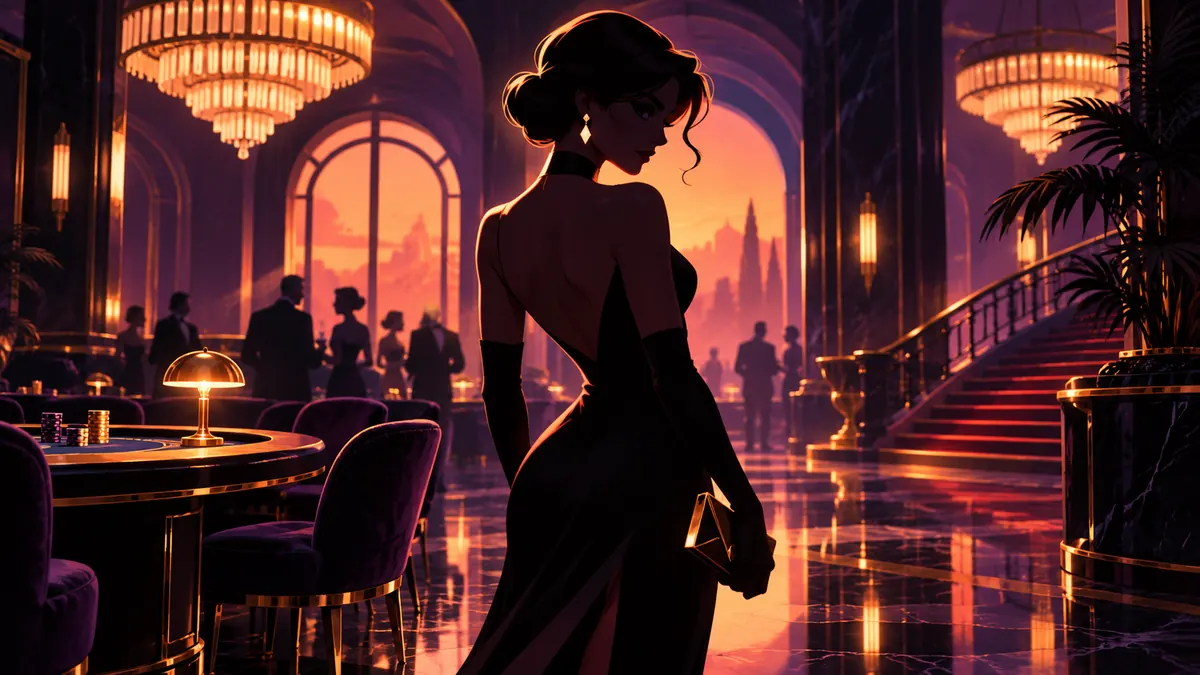 A spy silhouette in a casino with glowing reflections on marble