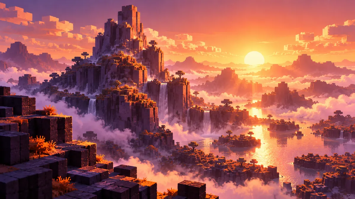 A blocky cube landscape at sunrise with fog in the valleys and shimmering water reflections