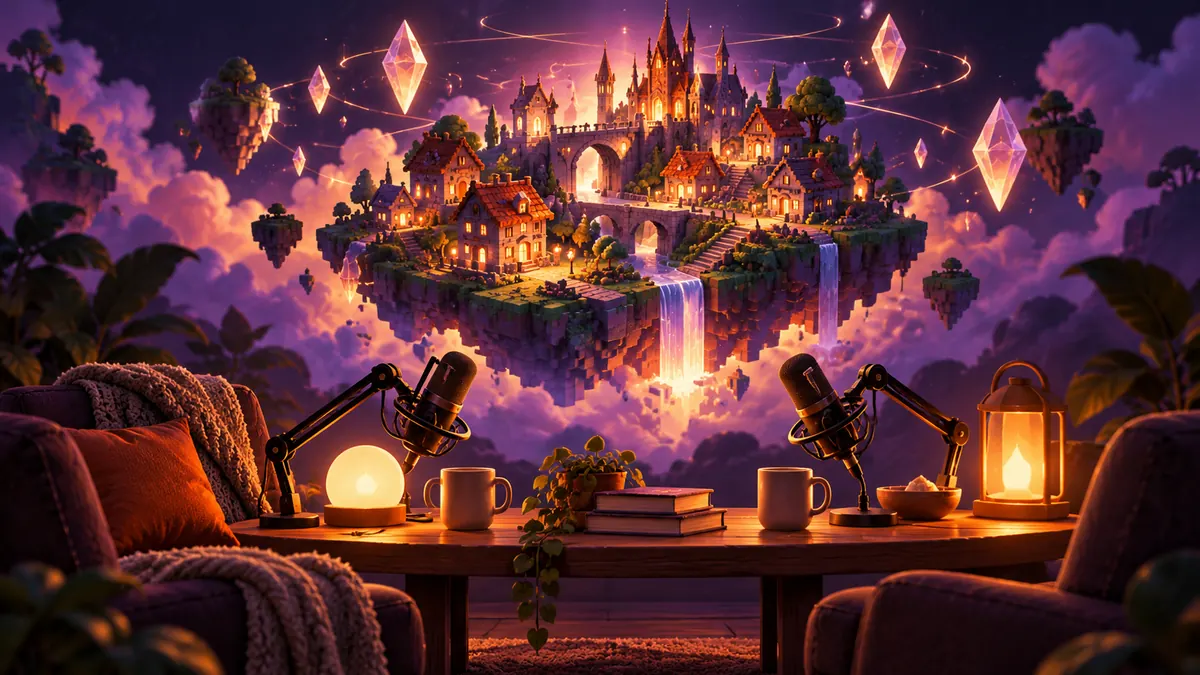A cosy podcast desk with microphones beneath a glowing pixel-art fantasy town diorama and floating crystals