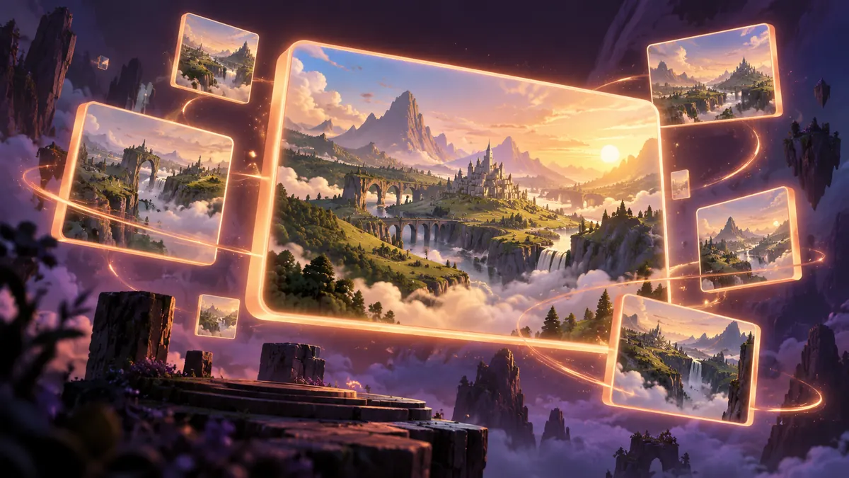 A green fantasy landscape seen through several floating glowing frames of different sizes.