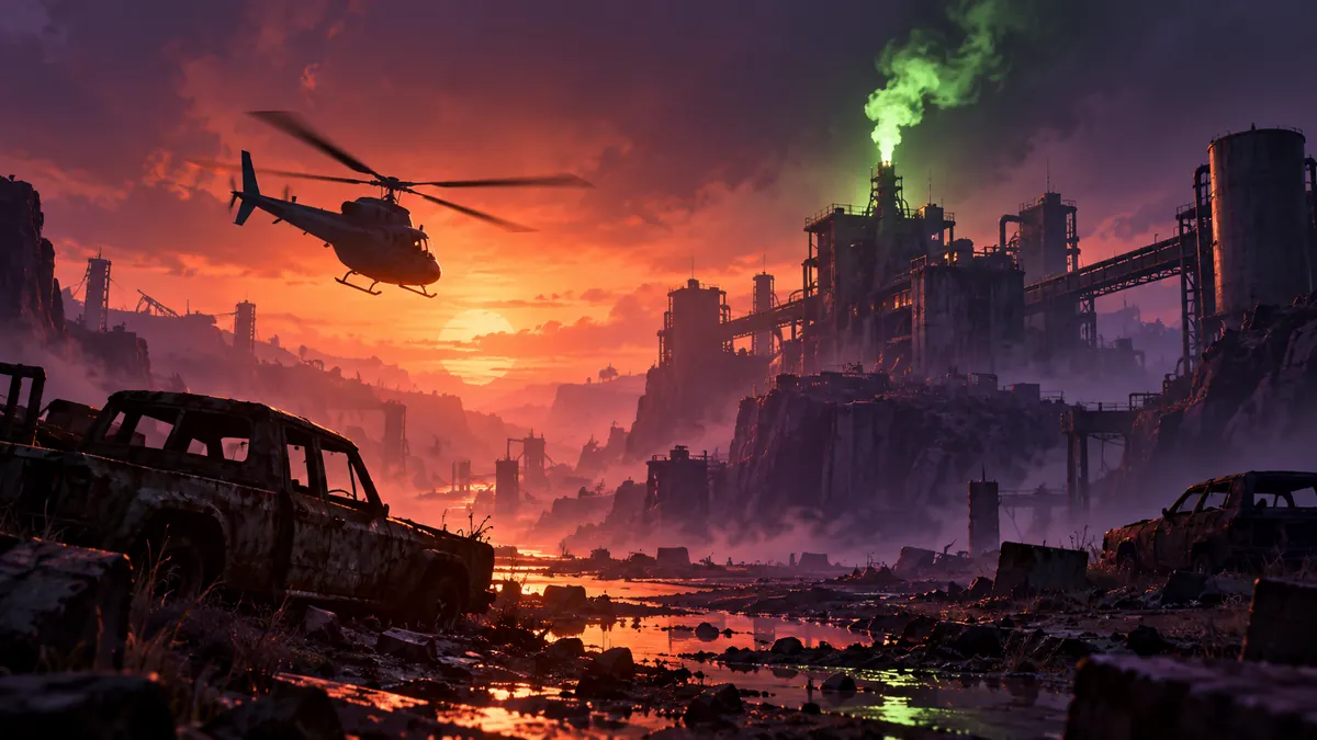A hazy ruined industrial zone at dusk with a green flare on a rooftop and a helicopter silhouette approaching