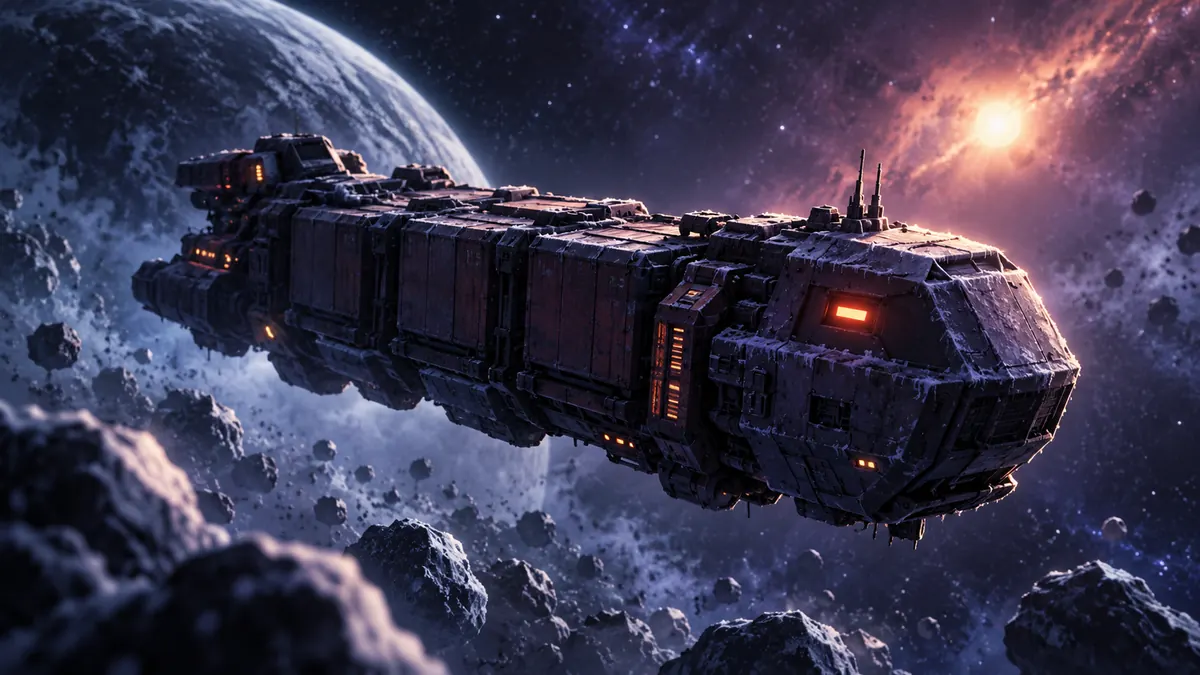 A lone cargo spaceship drifting through dark space with one dim red window glowing.
